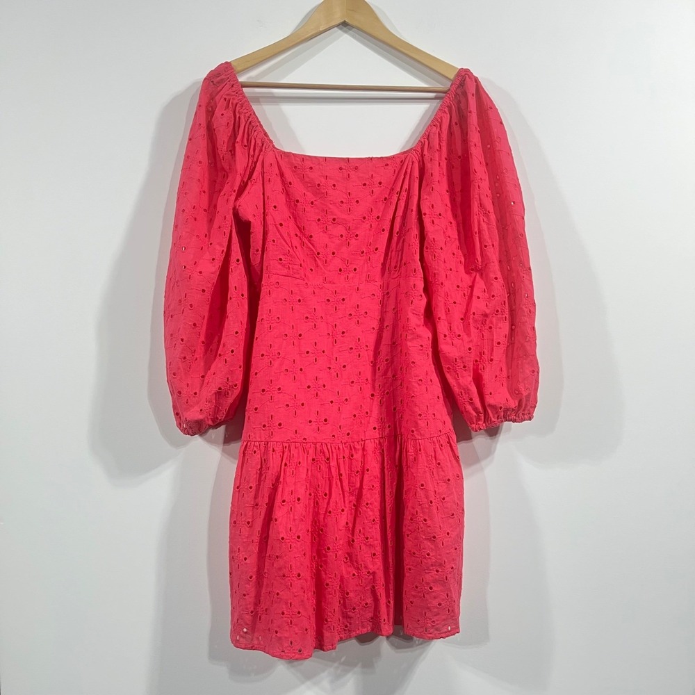 Beyond Words Pink Eyelet Cottagecore Boho Dress Puff Sleeve Tiered Large Preppy